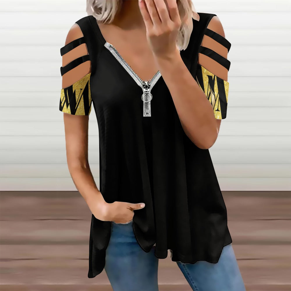 MW Black and Gold Ladies BE Zip Off Shoulder Top