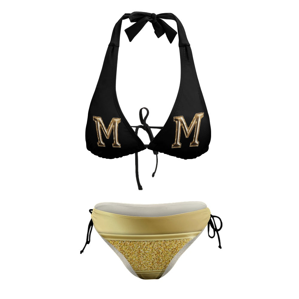 Gold and Black M Ladies Sexy V-Neck Bikini Swimsuit