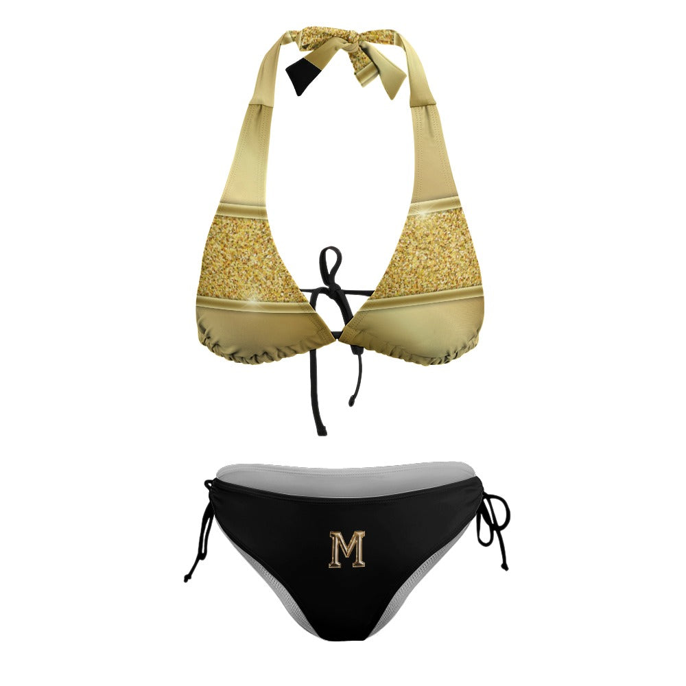 MNAGA Gold and Black Ladies Sexy V-Neck Bikini Swimsuit