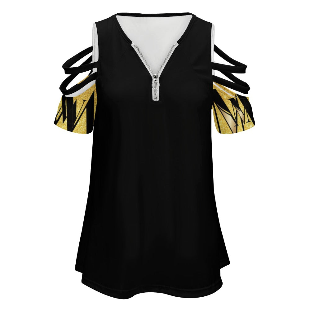 MW Black and Gold Ladies BE Zip Off Shoulder Top