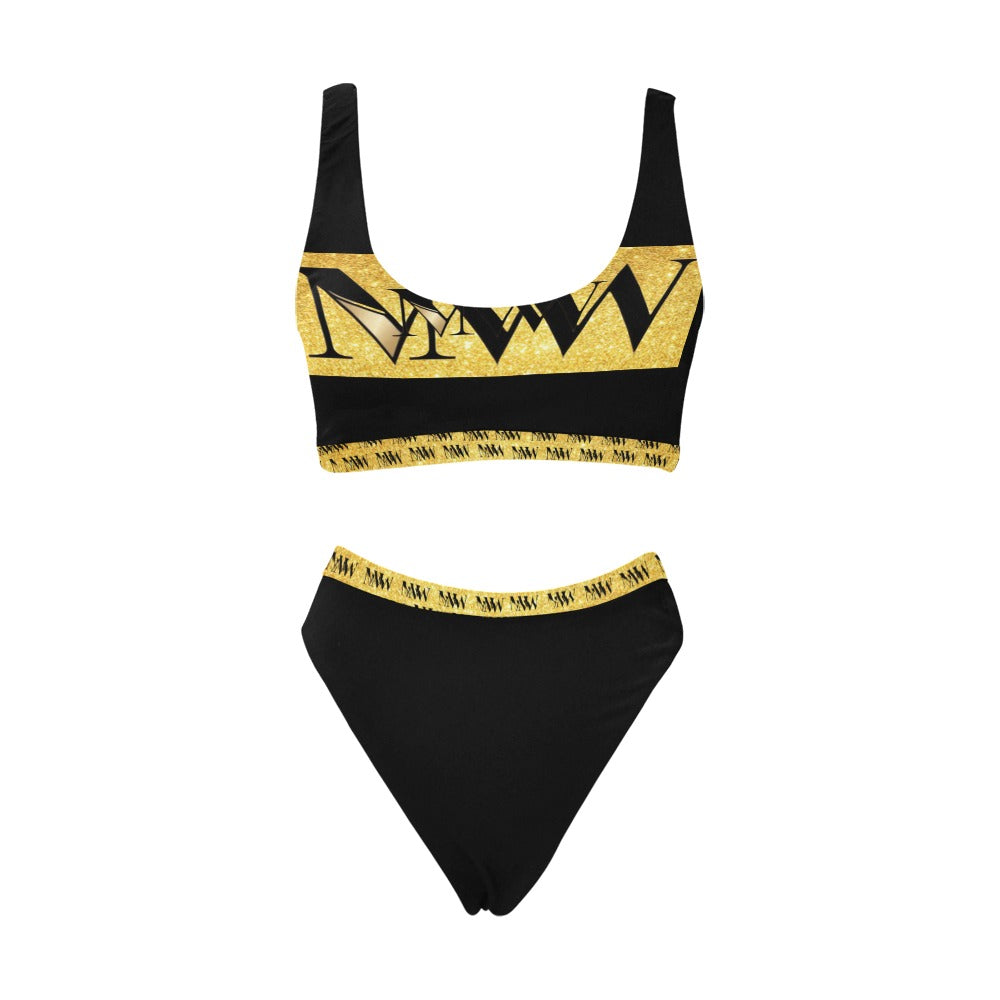 MNAGA Black and Gold Sport Top & High-Waisted Bikini Swimsuit (Model S07)