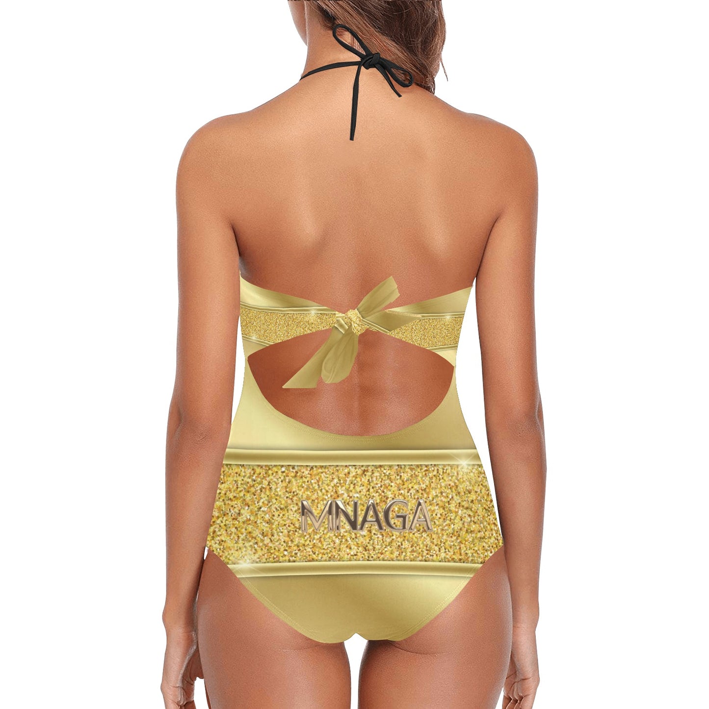 Gold and Black MNAGA Lace Band Embossing Swimsuit (S15)