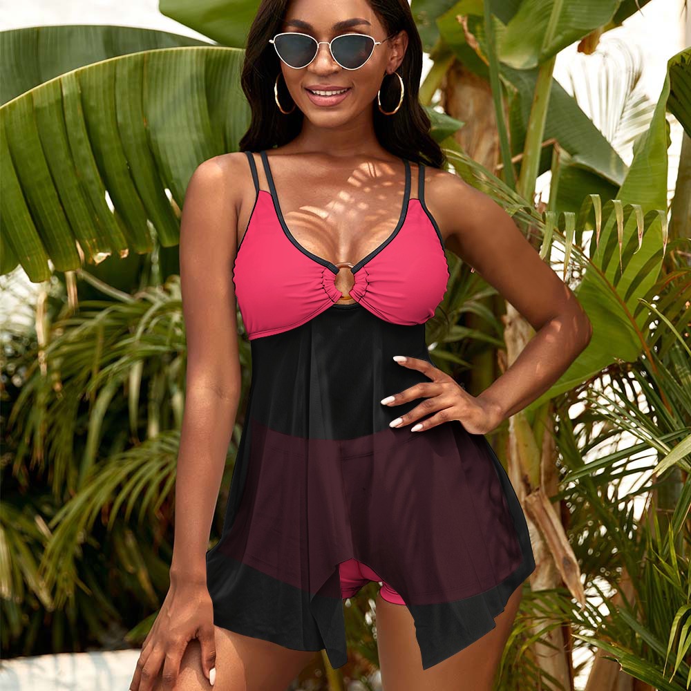 Hot Pink and Black Split Skirt Mesh Swimsuit Set