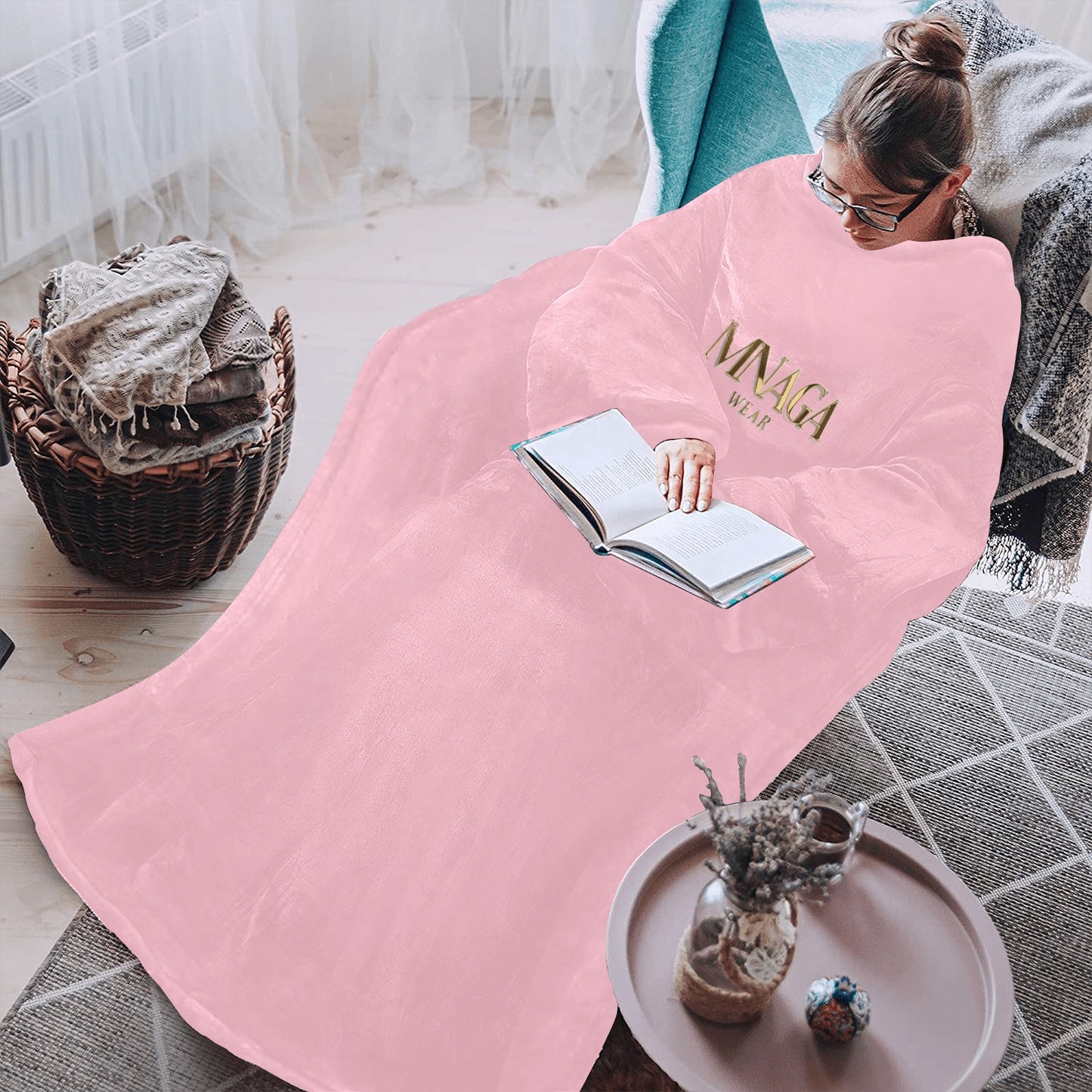 MNAGA Pink Blanket Robe with Sleeves for Adults