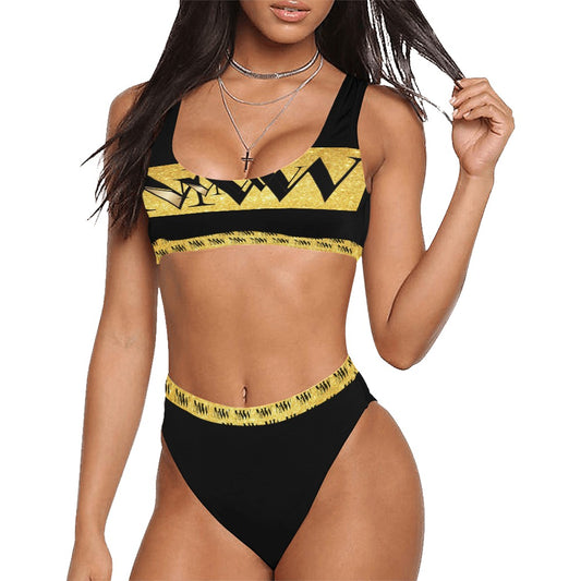 MNAGA Black and Gold Sport Top & High-Waisted Bikini Swimsuit (Model S07)