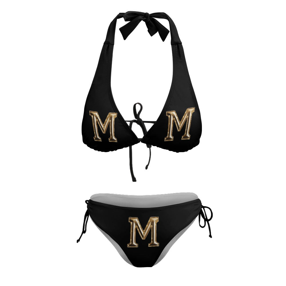 M Ladies Black and Gold Sexy V-Neck Bikini Swimsuit