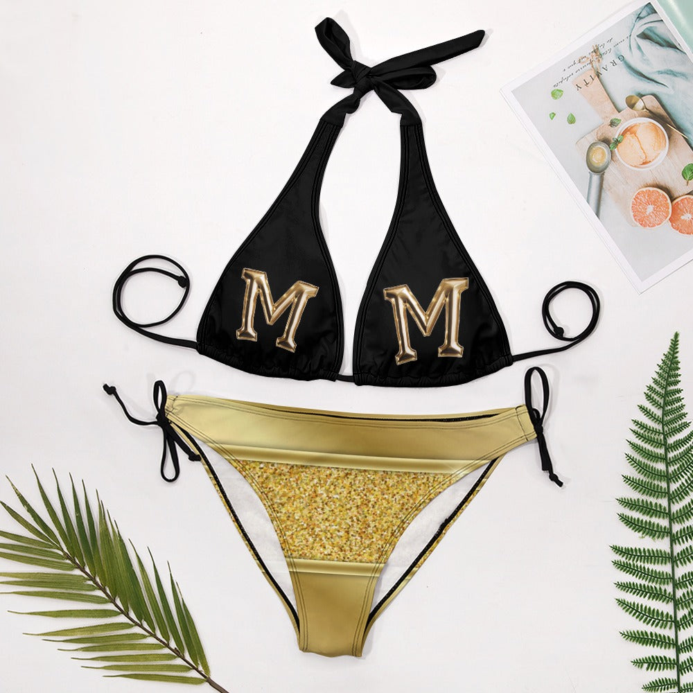 Gold and Black M Ladies Sexy V-Neck Bikini Swimsuit