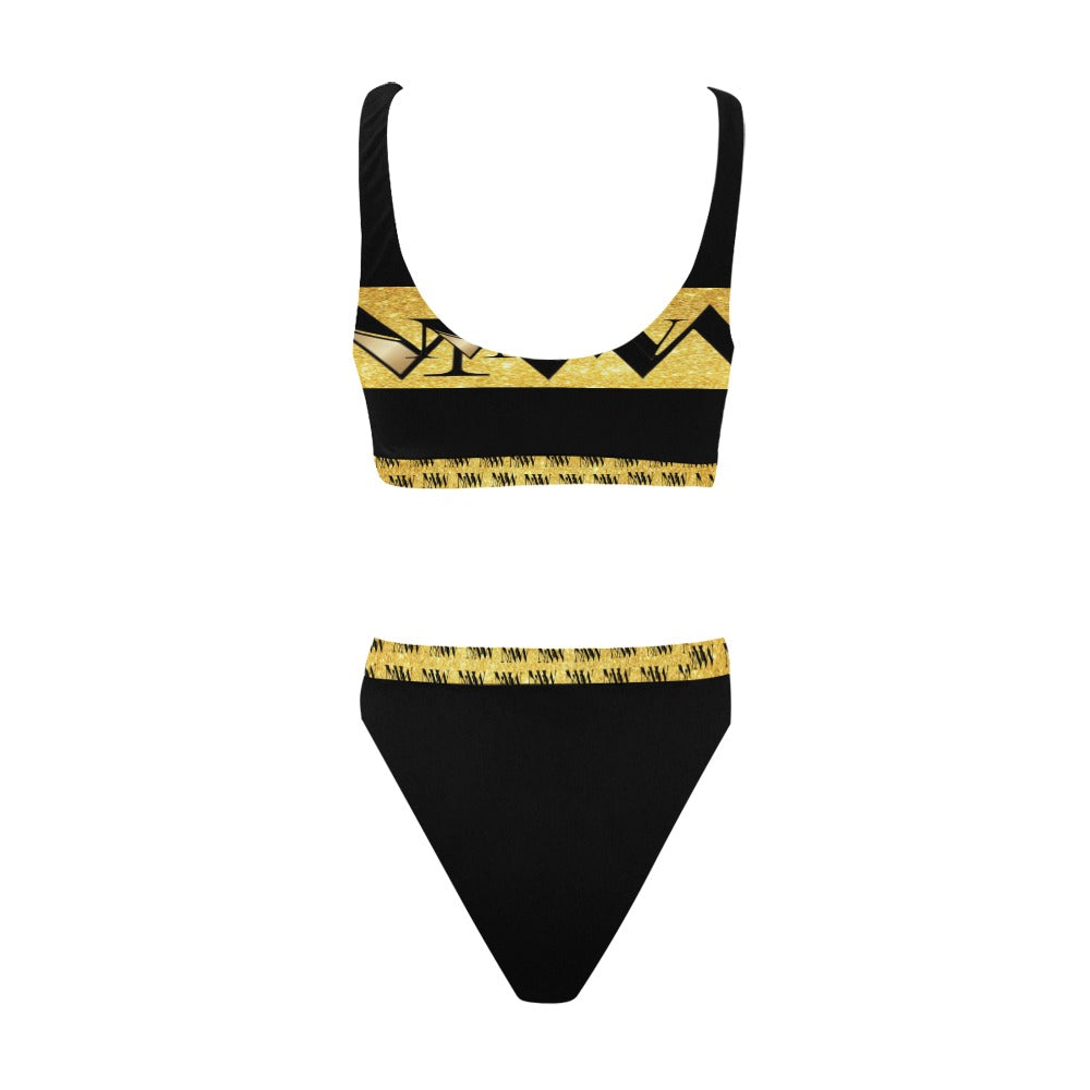 MNAGA Black and Gold Sport Top & High-Waisted Bikini Swimsuit (Model S07)