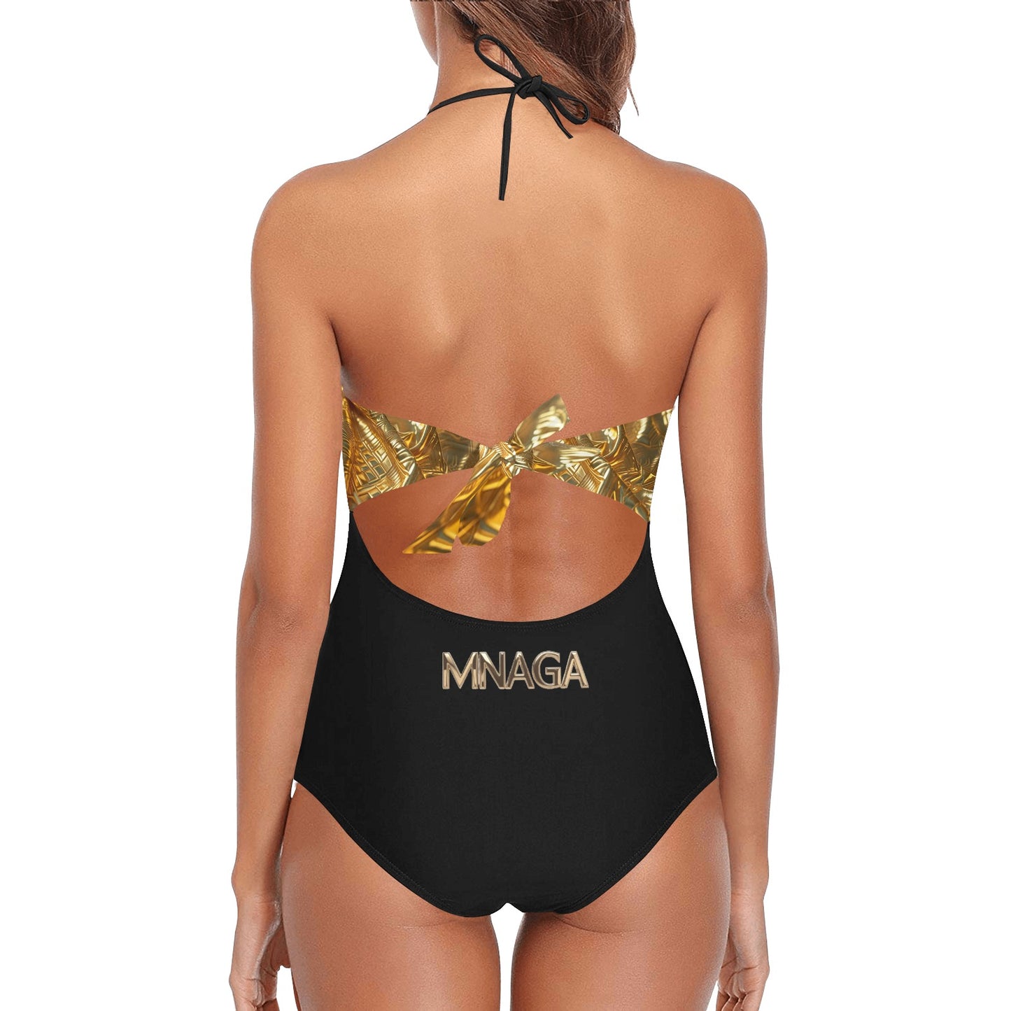 MNAGA Gold and Black Lace Band Embossing Swimsuit (S15)