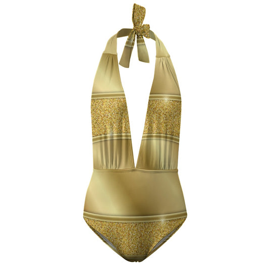 Ladies Gold Halter One Piece Bikini Swimsuit