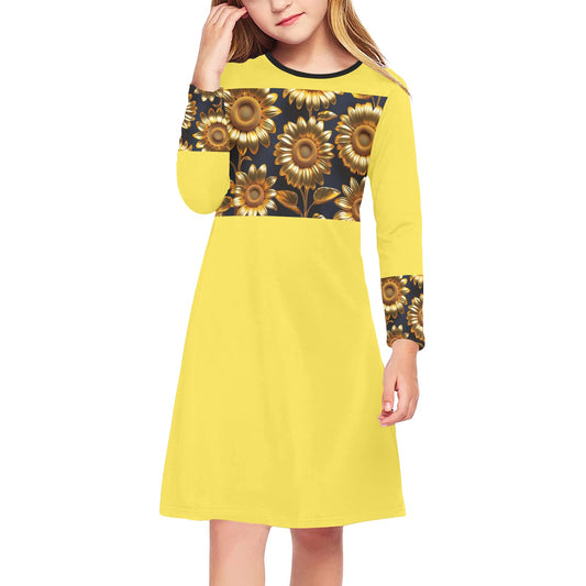 Girls' Long Sleeve Yellow Sunflower MNAGA Dress (D59)