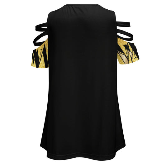 MW Black and Gold Ladies BE Zip Off Shoulder Top