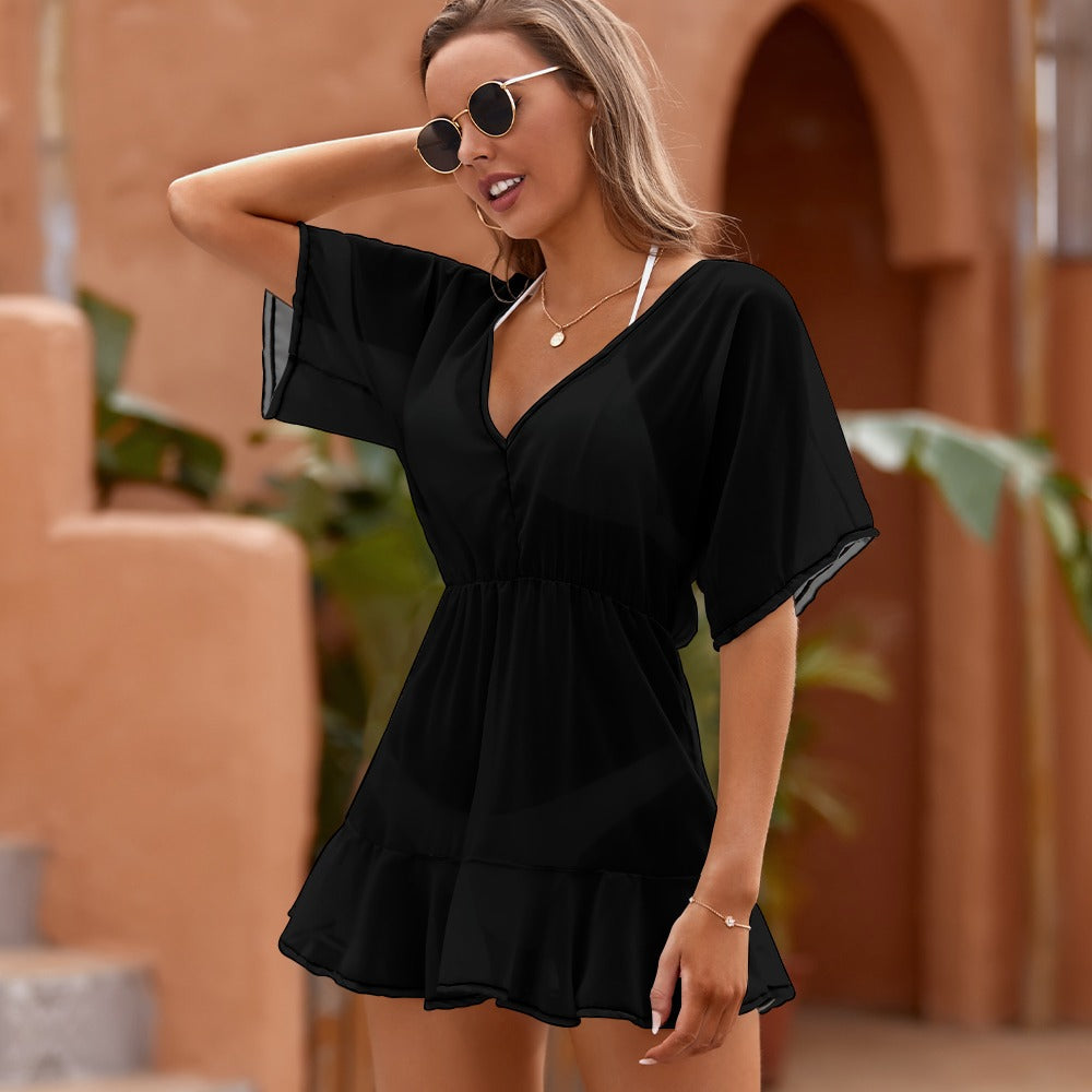 Black Ladies Thin Short Sleeve One Piece Dress