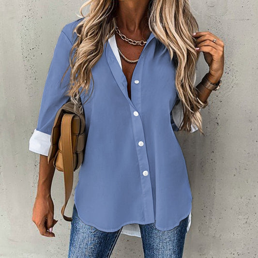 Blue Cropped hem shirt