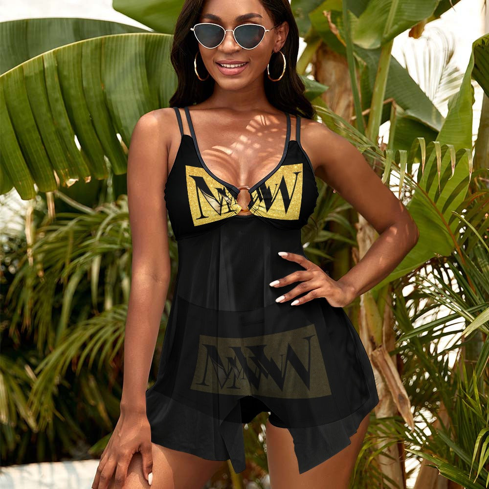 MNAGA Black and Gold Split Skirt Mesh Swimsuit Set