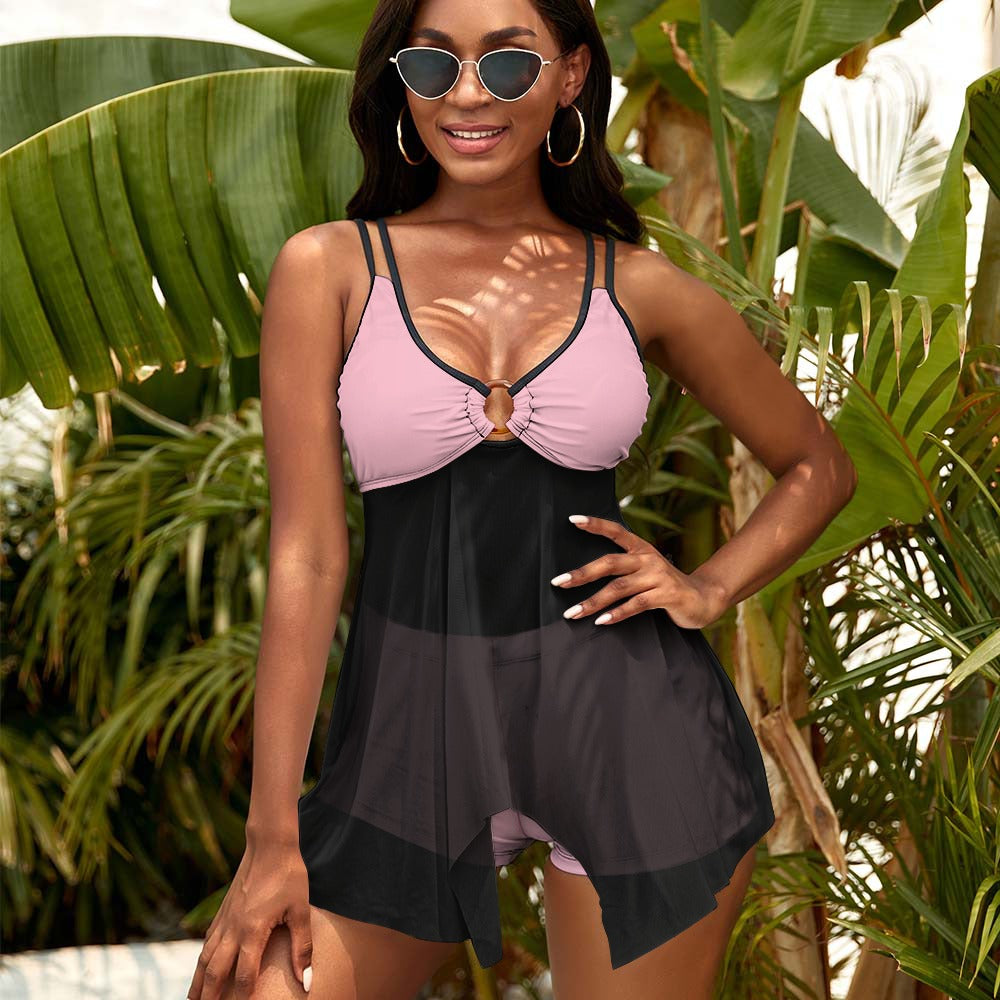 Pink and Black Split Skirt Mesh Swimsuit Set
