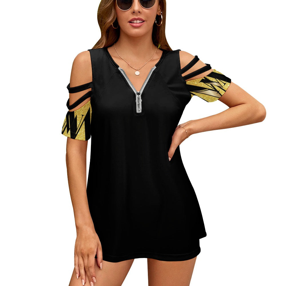 MW Black and Gold Ladies BE Zip Off Shoulder Top