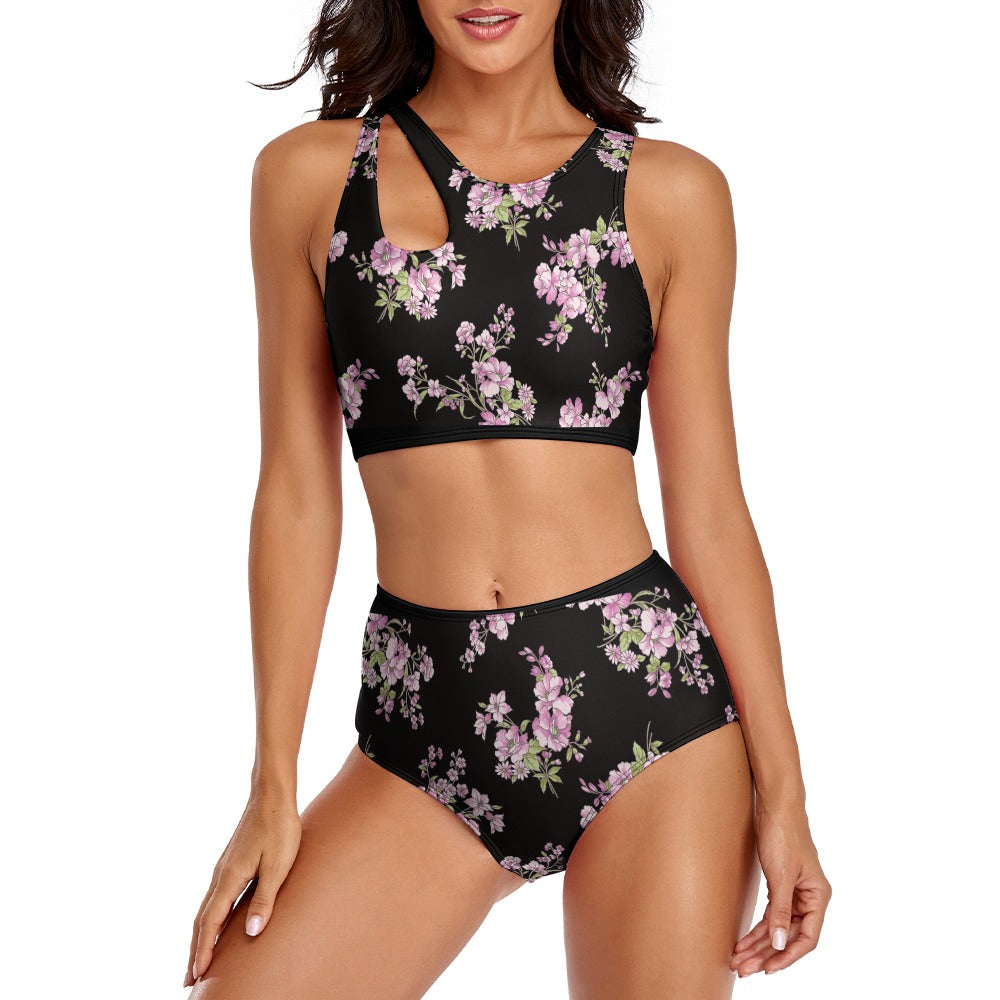 Black Floral Split Swimsuit